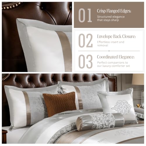 Image of CozyDH Queen Comforter Set Silver Gray - 7 Piece Luxury Jacquard Damask Bed in a Bag, Elegant Embroidery Modern Silk White Patchwork, All Season Down Alternative Bedding with Skirt, Shams, Pillows