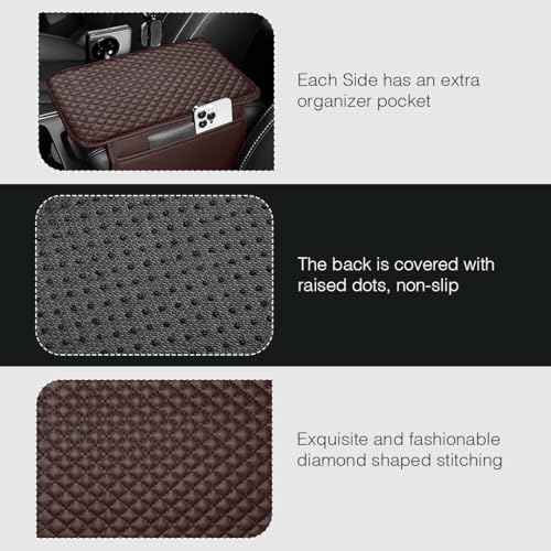 Image of Lyrovo PU Leather Car Armrest Cushion Pad With Side Pockets, Universal Fit for All Car (Mocha)