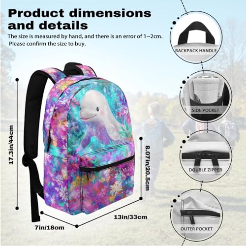 Beluga Whale Flowers Print Vibrant Animal Pattern Kids Backpack Set 2pcs School Bookbag with Lunch Box for Boys Girls3