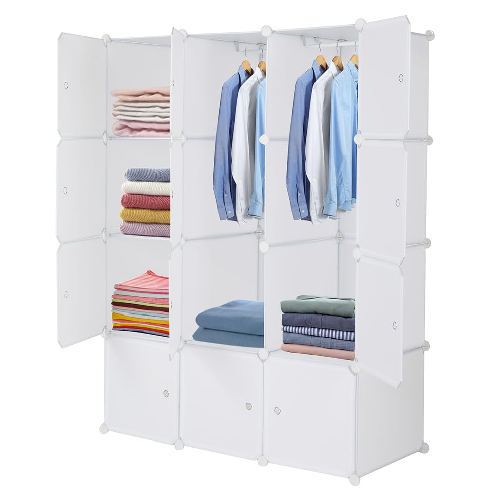 12 Cube Storage Organizer, Stackable Storage Shelves with Hanging Rod Customizable Closet Cabinet Durable Steel Frame Multi-Use DIY Design 13.8 inch Panels Max 10lb Capacity per Cube White