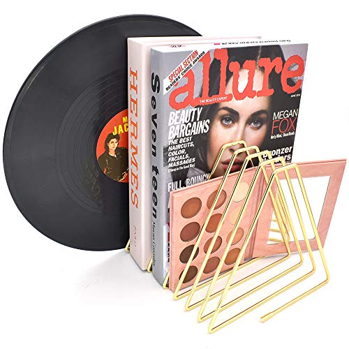 Adjustable 7-Slots Desktop Magazine File Holder, Triangle Metal Wire Record/Book Organizer Rack, File Folder Organizer Sorter, Vinyl/Magazine Storage, Display Rack for Decoration/Office (Gold)