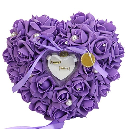 Daedalus Coussin porte-alliances en forme de cur, orné de roses et d'un ruban - Porte-bijoux de style romantique pour mariage, Plastique, violet, Taille unique