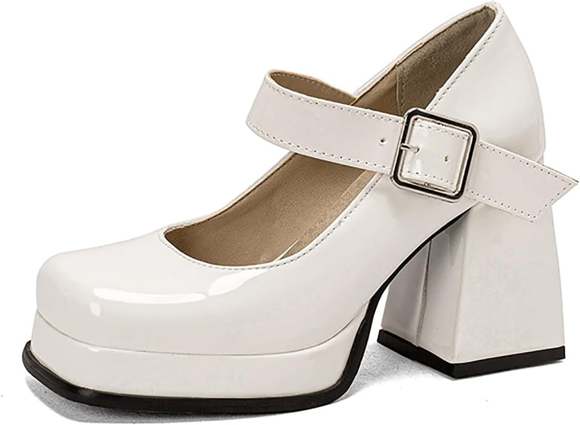 Women's Patent Leather Platform Mary Janes Pumps with Adjust Buckle Strap Fashion Comfort Square Toe Chunky High Heels Uniform Lolita Dressy Shoes for Party Date Wedding