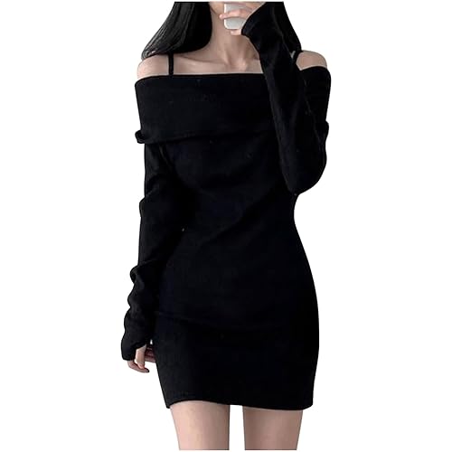 Women's Off Shoulder Sweaters Dress Long Sleeve Solid Dresses Bodycon Long Sleeve Ribbed Knit Fall Casual Short Gowns - X-Large - Black