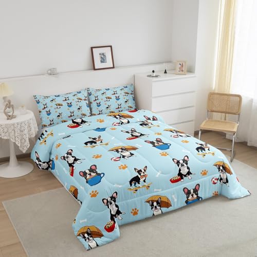 Image of Feelyou Kids Full Size French Bulldog Comforter Set Cartoon Dog Bedding Set Dog Animal Comforter for Kids Boys Girls Pet Dog Duvet Insert Kids Bedroom Decor Microfiber Bed Set