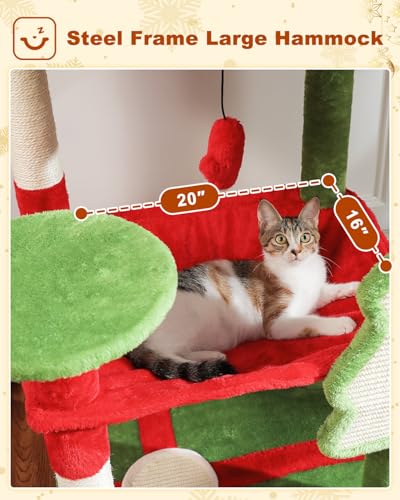 Image of MUTTROS Cat Christmas Tree for Indoor Cats - 56.3 inch Cat Proof Christmas Tree Tower with Large Hammock, 3 Scratching Posts & 3 Christmas Toy Balls - Holiday Cat Tree with Festive Decor, Christmas Red