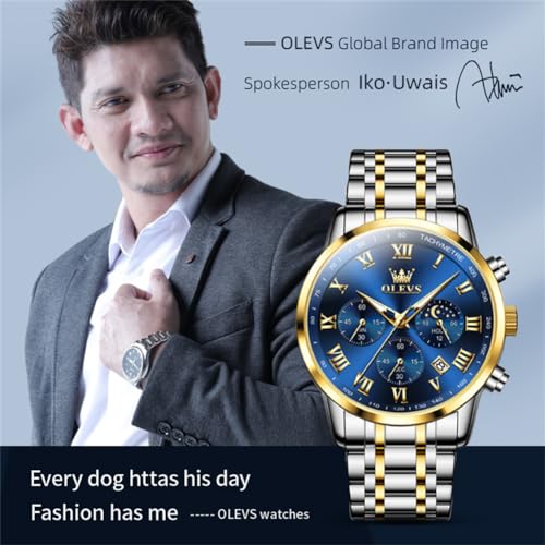 Image of OLEVS Men Multifunction Watch, Multi Dial Waterproof Luminous Chronograph Men's Watch with Date Gift for Men,Stainless Steel Watches for Men,Classic Men Wrist Watch, gold sliver band blue face-5529G