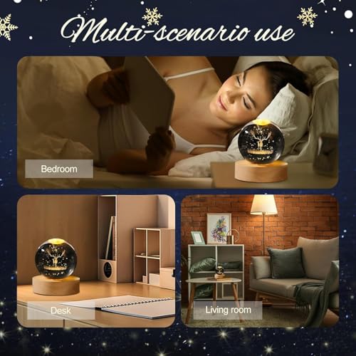 Image of UCRAVO 3D Deer Crystal LED Night Light Decoration Snow Globe Christmas Night Light, 3D Laser Engraving Glass Ball,USB Charging Crystal Ball with Wooden Base,Nightstand Bedroom Decoration, Home Gift