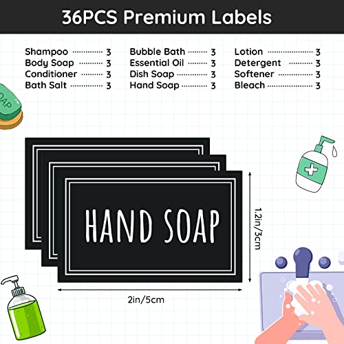 Image of Segbeauty Waterproof Labels - 36 Pack Soap Dispenser Stickers, Shampoo Conditioner Hand Soap, Self-Adhesive Removable Bathroom Kitchen Laundry Labels