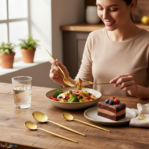 Image of Slim Handle Gold 4 Pcs Stainless Steel Cutlery Set for Dining Table, Dishwasher Safe Glossy Flatware (1 Spoon Set + 1 Forks Set + 1 Butter Knife + 1 Dessert Spoon)