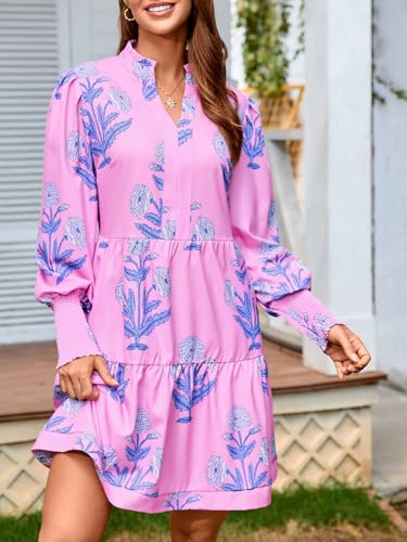 Image of Imily Bela Womens Fall Long Sleeve Tunic Dress Casual V Neck Tiered Dress | Loose,Swing,A-Line,Ruffled Collar,Puff Balloon Sleeve,Smocked Elastic Cuffs,Tiered Layered Ruffle Hem,Babydoll,Loose,Mini