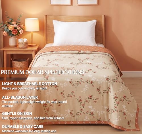 Image of HOMEKART Luxury Cotton Dohar Blanket for Single Bed | Ultra Soft Reversible AC Quilt | Floral Printed Lightweight Summer Blanket | 58x88Inches (Ivory Blossom Elegance)