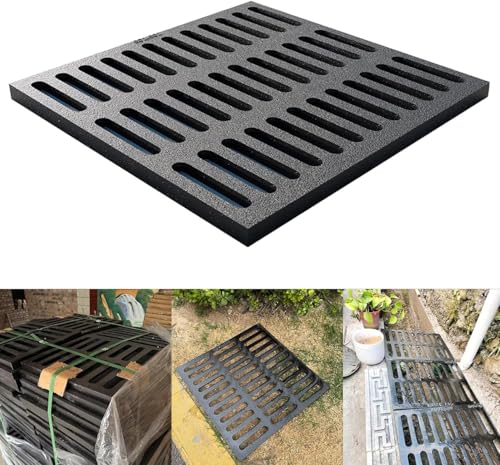 Cast Iron Drain Grate, 9 * 9in Outdoor Drain Cover, B125 Class Ductile Iron Channel Drainage Grates, Heavy Duty Sewer Grate,Black Square Drain Grate for Yard,Driveway,Concrete Floor