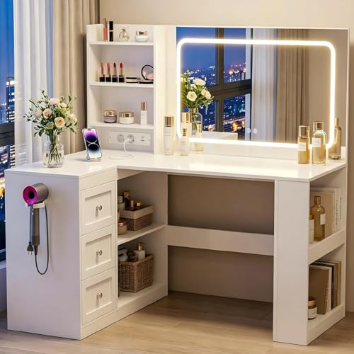 YOUDENOVA Schminktisch mit LED-Beleuchtung, Großer Spiegel und...