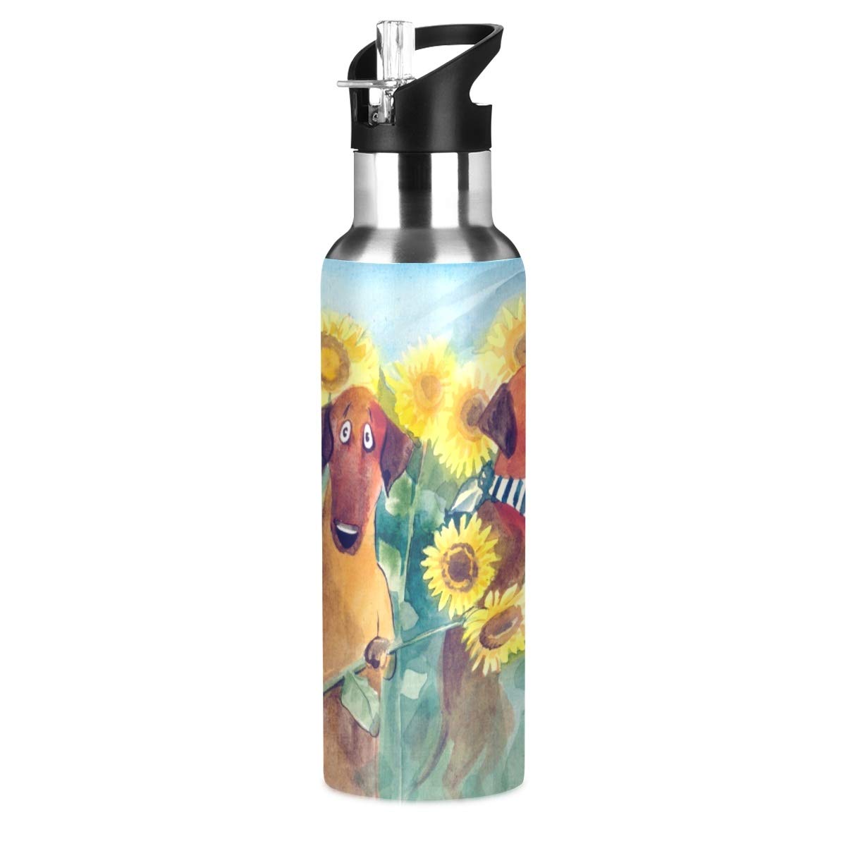 MNSRUU Botella de agua de verano con diseño de girasoles de perro salchicha de acero inoxidable aislada al vacío, botella de agua estándar con mango ancho