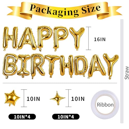 Image of Gold Happy Birthday Balloons Banner 16 Inch Mylar Foil Letters, 10 Inch Five & Four Star, Inflatable Party Decor and Birthday Decorations for Women, Men, Boys & Girls Kids and Adults, Party Supplies