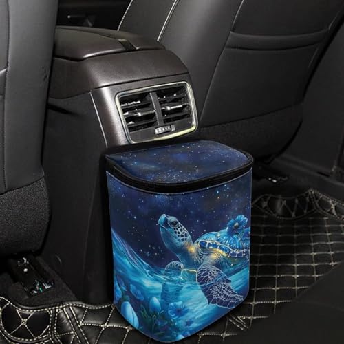 Image of Talayituse Turtle Daisy Galaxy Print Car Trash Bin, Large Size Auto Trash Can Adjustable Portable Garbage Can with Lid, Vehicle Hanging Bag for Headrest Front Back Seat