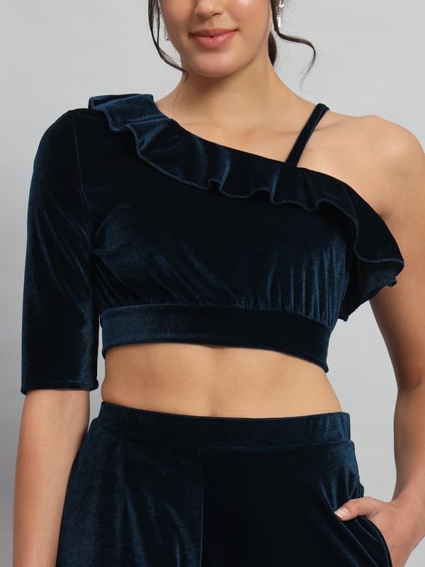 Image of Vaararo Velvet Co-Ords for Women | One Sleeve Crop Top with Palazzo Set Casual Party Dress