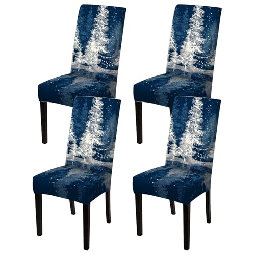 Image of Nuxovilar 4PCS Winter Pine Tree Starry Night Stretch Chair Covers | Holiday Slipcover Nature Protector Pine Wrap Seat Guard Dining Room Family Dinner Gathering (Starry Pine)