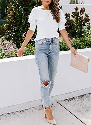 SimpleFun Women's Puff Sleeve Tops Summer Crewneck Loose Casual Blouse Shirts4