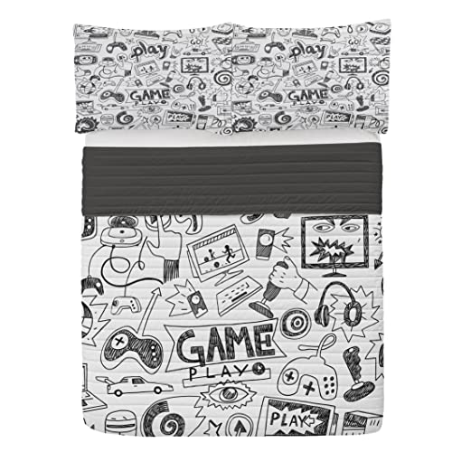 ABAKUHAUS Videojuegos Juego de Colcha de Microfibra, Boceto Estilo de Juego, Juego de Cama Suave con Fundas de Almohada y edredón, 220 cm x 220 cm, Blanco Negro