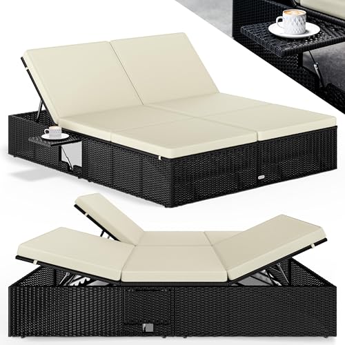 Casaria® Bain de Soleil Double en Polyrotin Noir avec Coussins Creme Salon de Jardin Exterieur Design pour Terrasse ou Piscine Hors Sol et Salon de Jardin...