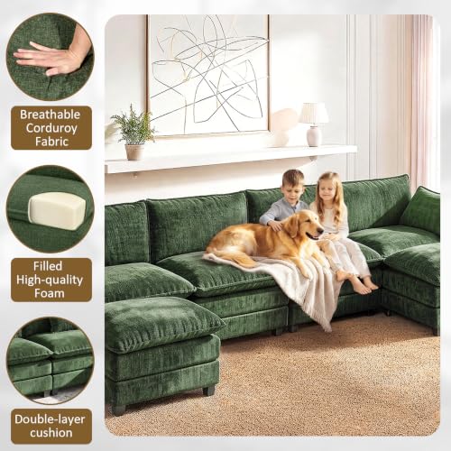 Image of LEVELEVE 146 inch U-Shape Modular Sofa with 2 Ottomans, Deep Seat Cloud Convertible Sleeper, 2 Arm Pillows, Comfortable Large Upholstered Furniture for Living Room Apartment, Green