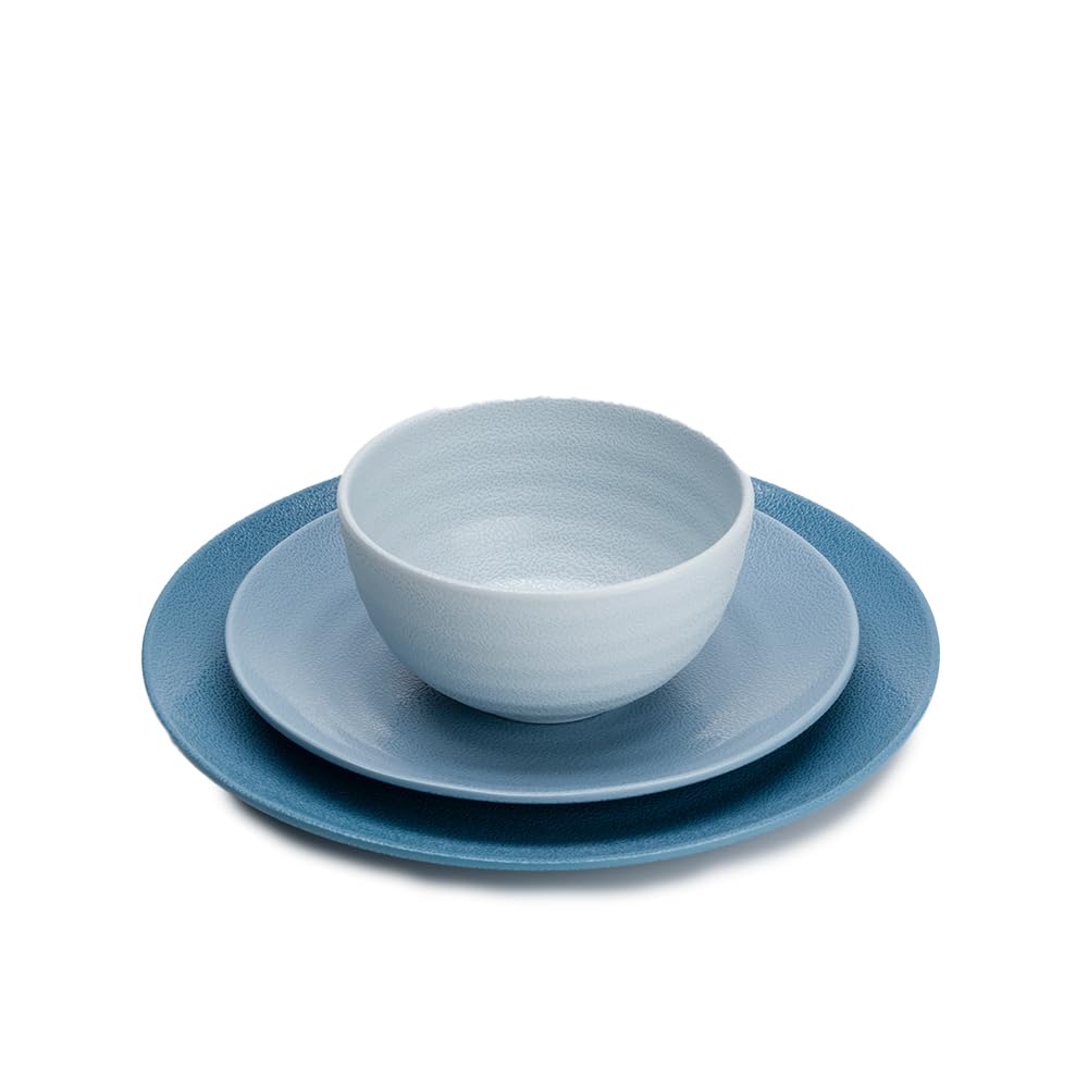 FLAMEFIELD Juego de 12 piezas de melamina Shades of Blue: varios tonos oceánicos, platos y cuencos irrompibles, perfecto para comidas en interiores y exteriores