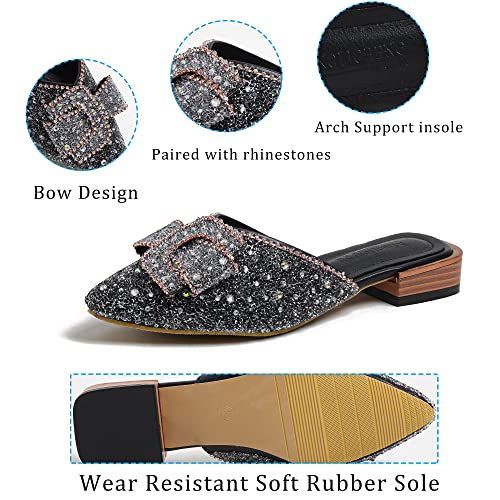 Mules For Women Slip On Comfortable Pointed Toe Flat Shoes On Loafers Backless Pointed Toe Satin Mule Slides Bow Black-Size 10.5 #TOP5