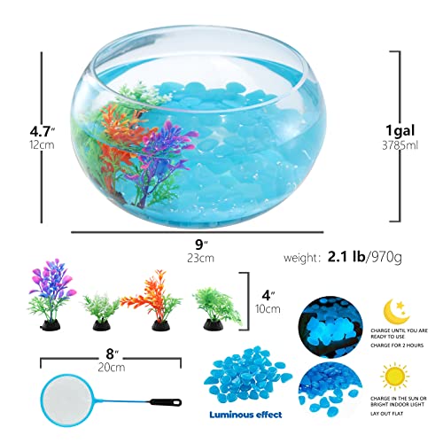 Image of 1 Gallon Glass Fish Bowl with Decor, Include Fluorescent Rocks & Colorful Plastic Trees, High White Glass for Clear View, Small Fish Bowl /Aquarium for Betta /Goldfish, Nice Home Decor