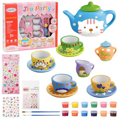 Juego de Tazas de Cerámica para Pintar para Niños, DIY Pintura Niñas Juguetes Manualidades con Pegatinas de Diamantes, Juego de te Infantil Ceramica Regalo niña 4 5 6 7 8 Años