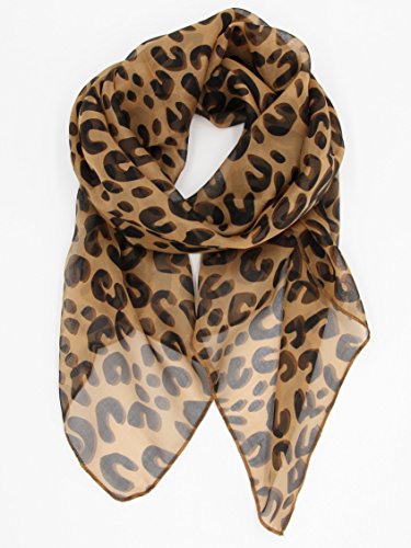 シルク 100% スカーフ 小さめ 【 Sサイズ 】 95×65cm バンダナ バッグ ネッカチーフ ポケット チーフ 首もと 暖か (ヒョウ 茶) レオパード 絹 UV 防寒 シフォン 天然素材 [Instyle Japan]