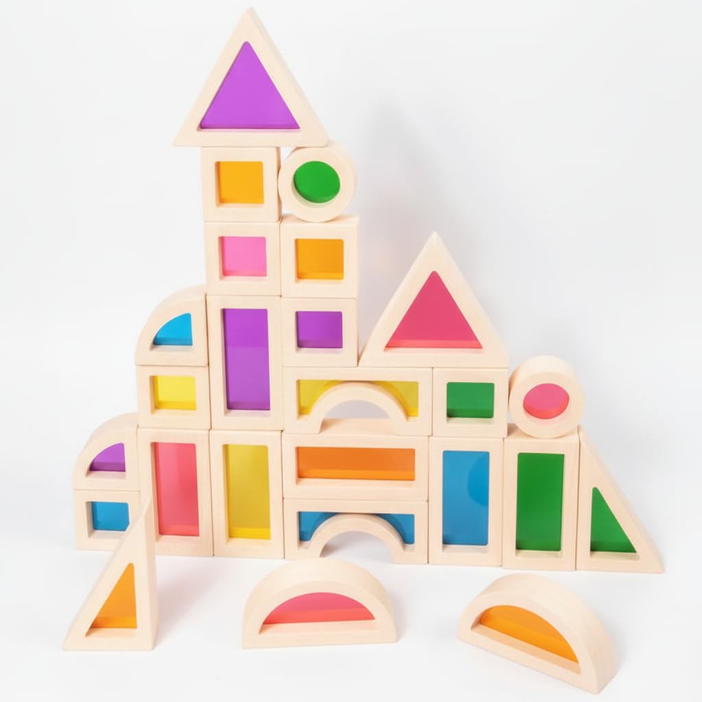 Milageto Blocchi da Costruzione Bambini Set Didattico Costruzioni Mattoncini Luminosi Puzzle Fantasia in Faggio E Acrilico per Percezione Visiva E, Set di 25 pezzi di blocchi arcobaleno in acrilico