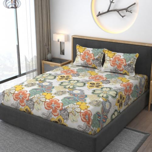 Image of Vaini Premium Heavy Cotton Elastic Fitted Bedsheets with 2 King Size Pillow Covers || Double Bed with All Around Elastic 350 (Cream Big Flower, 72x72 Inch King Fitted)