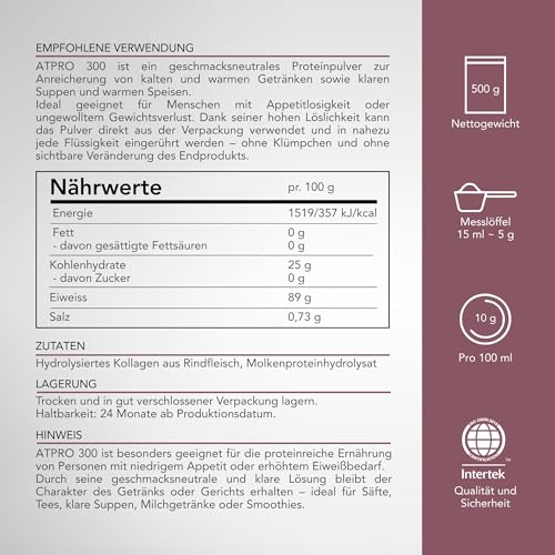 TOFT CARE ATPRO 300 | Neutrales Protein Pulver 500g | 89% Molkenprotein Isolat & Kollagen | Leicht Löslich, Geschmacksneutral Eiweißpulver für Senioren, Appetitlosigkeit, Untergewicht & Spezielle Diät