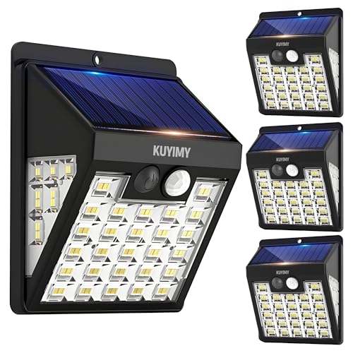 kuyimy Solar Lights Outdoor, 72 LED Motion Sensor Wall Light, IP65 Waterproof and 3 Lighting Modes, Solar Powered Security Wireless Light Outside for Patio, Garden, Fence, Porch, Front Door (4 Packs)