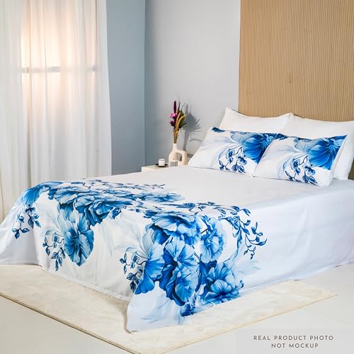 Image of Digitally Printed with Reactive Ink Tech | 300 TC 100% Organic Cotton Premium Bedsheet Set | Ultra-Soft Satin-Like Finish - Floral Azure Blue
