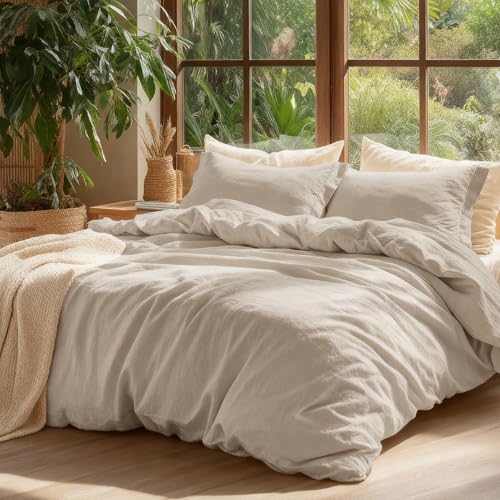 Bedsure 100% Washed Cotton Duvet Cover Queen Size - Oatmeal Minimalist Cotton Duvet Cover Linen Like for All Seasons - GentleSoft™ Plain Simple Bedding (Oatmeal, Queen, 90'x90')