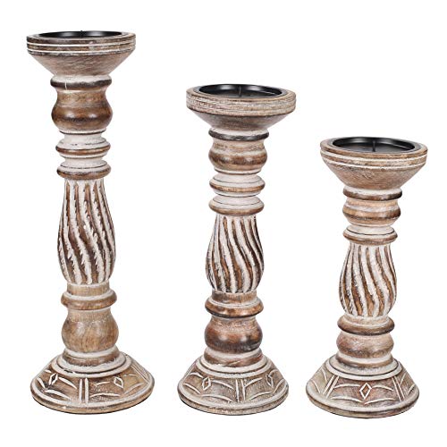 Wooden Candle Holders Set Of 3, (Colour - Natural Finish, Size -14",12",10") Wood Candal Holder, Wooden Candle Holder, Unity Candle Holders, Rounded Turned Colums, Country Style Idle Gift For Wedding #TOP1