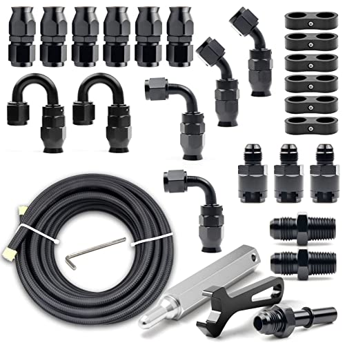Medoon 6AN PTFE Fuel Line Kit, Nylon Stainless Steel Braided Fuel Hose, LS Swap EFI E85 Injection Fuel PTFE Fitting 3/8' 26FT