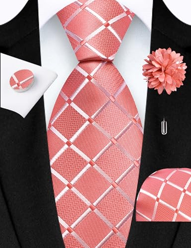 Image of GUSLESON 3.15 inch(8cm) Mens Tie and Lapel Pin Plaid Checkered Necktie Hankerchief Cufflinks Set for Men