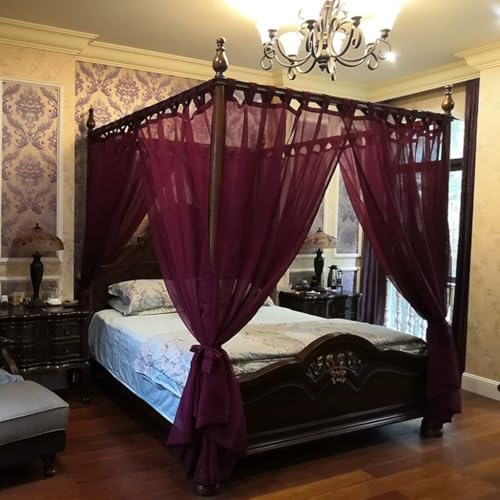 SCMTYWCQ Romantic Linen Sheer 4 Corner Post Luxury Bed Canopy Curtain Canopy Without Top Cover for Girls Women Adult Wedding Bedroom Kids Rooms Bed Decoration (Wine, Queen)
