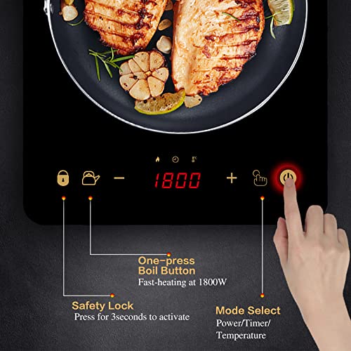 Sunmaki Induction Cooktop, Induction Hot Plate With Led Display, 1800W Countertop Burner Portable Black Crystal Glass Surface 10 Temperature 9 Power Setting &3H Timer For Cooking #TOP2