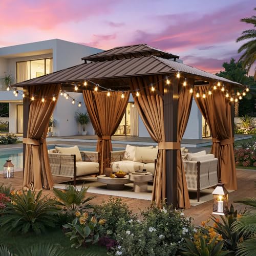 Image of 10x12FT Hardtop Gazebo Brown | Permanent Outdoor Pergola with Double Galvanized Steel Roof and Curtains and Netting for Backyard, Patio, Lawn and Garden