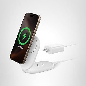 Belkin Magnetic Foldable Wireless Charging Stand 15W - MagSafe-Compatible Qi2-Certified Charger, Wireless Charging Stand for iPhone 16, Galaxy S25, & More - Standby Mode Ready w/PSU Included - White
