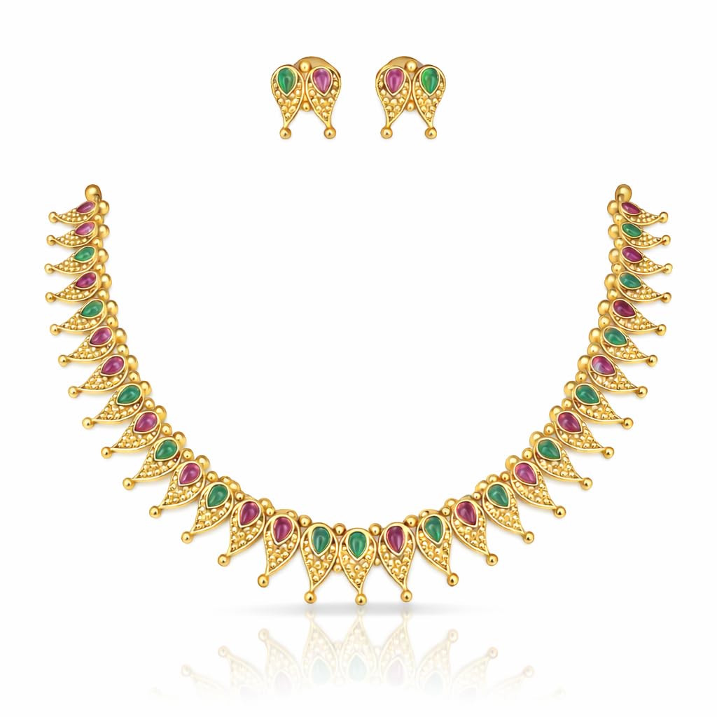 Mango Leaf Gold Matte Finish Bridal Necklace & Earring Set (Red & Green)