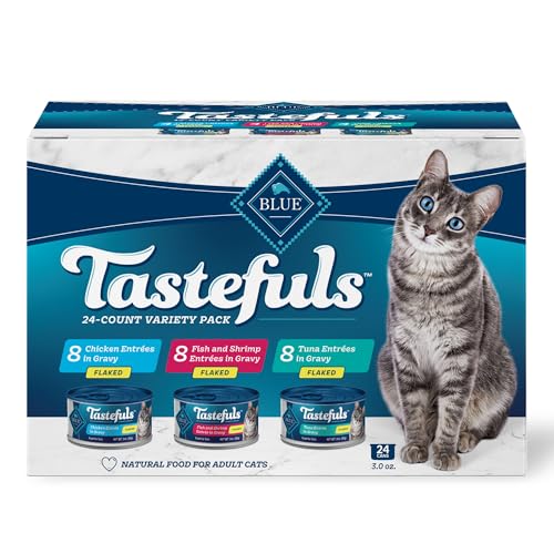 Blue Buffalo Tastefuls Natural Flaked Wet Cat Food Variety Pack, Tuna, Chicken and Fish & Shrimp Entrées in Gravy 3-oz Cans (24 Count)