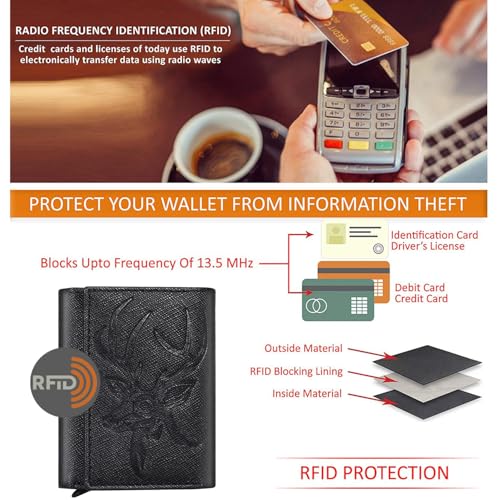 Image of Men's Genuine Leather RFID Wallet | Premium Slim Red Wallet for Men with Deer 3D Print | 8 Card Slots Secure and Durable | Casual Stylish | Formal & Gifting Use, Golden (SAFIANO /Black)