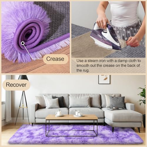 3x5 Rugs for Bedroom, Fluffy Area Rugs for Living Room, Soft Shag Kids Rug Small Carpet with 4 Non-Slip Rug Pads (Purple TieDyed, 3ft x 5ft)