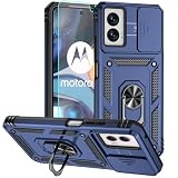 for Moto G Power 5G 2024 Case, Silicone Rubber Bumper Hard Plastic Phone Case with [Sliding Camera Lens Cover] [360° Rotatable Kickstand Ring] [HD Screen Protector] for Motorola G Power 2024 Blue